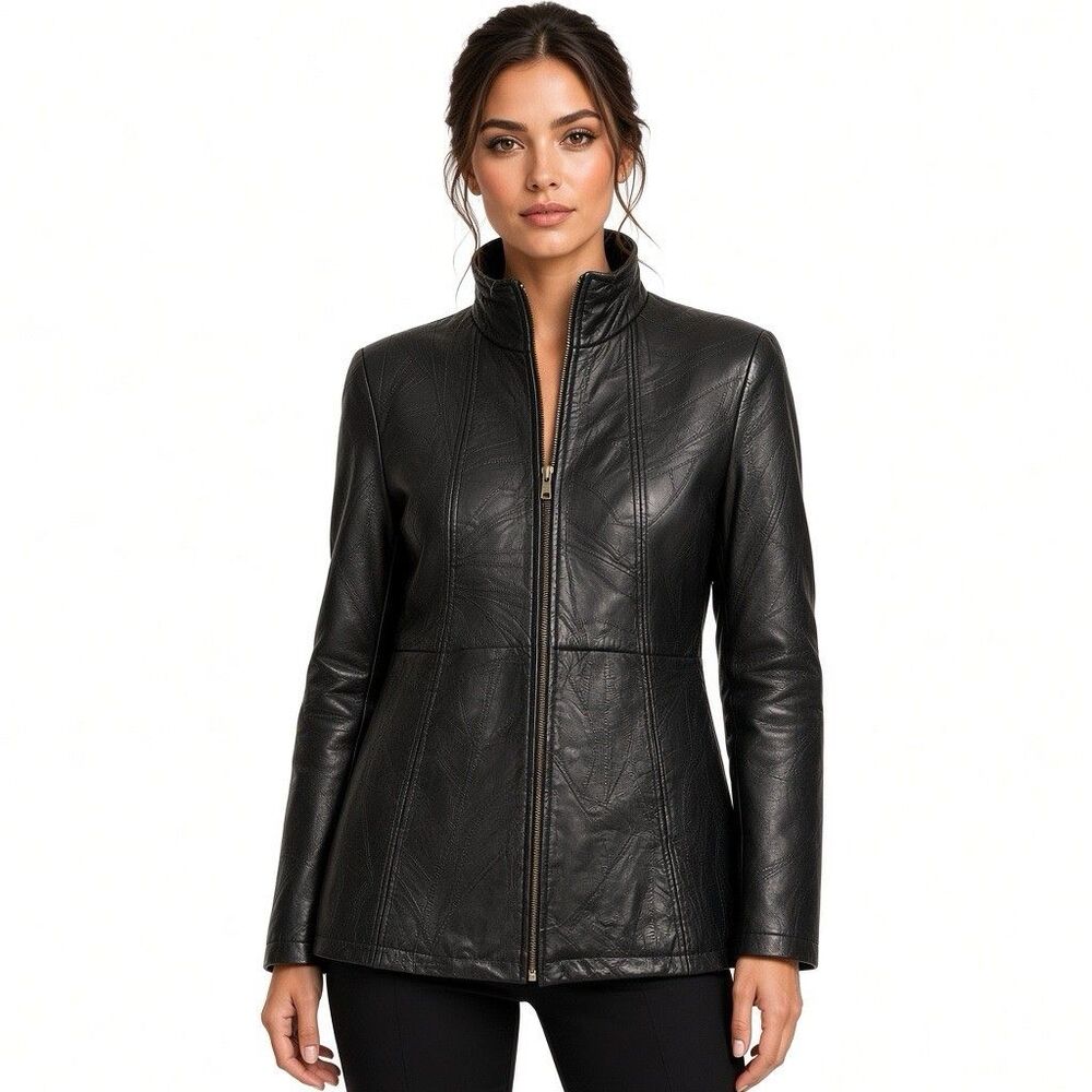 Genuine Leather Womens Jacket Size Large Black Stitch Full Zip Luxury Biker